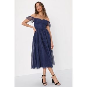 NWT! Lulus Regal Radiance Navy Blue Tulle Bustier Midi Dress